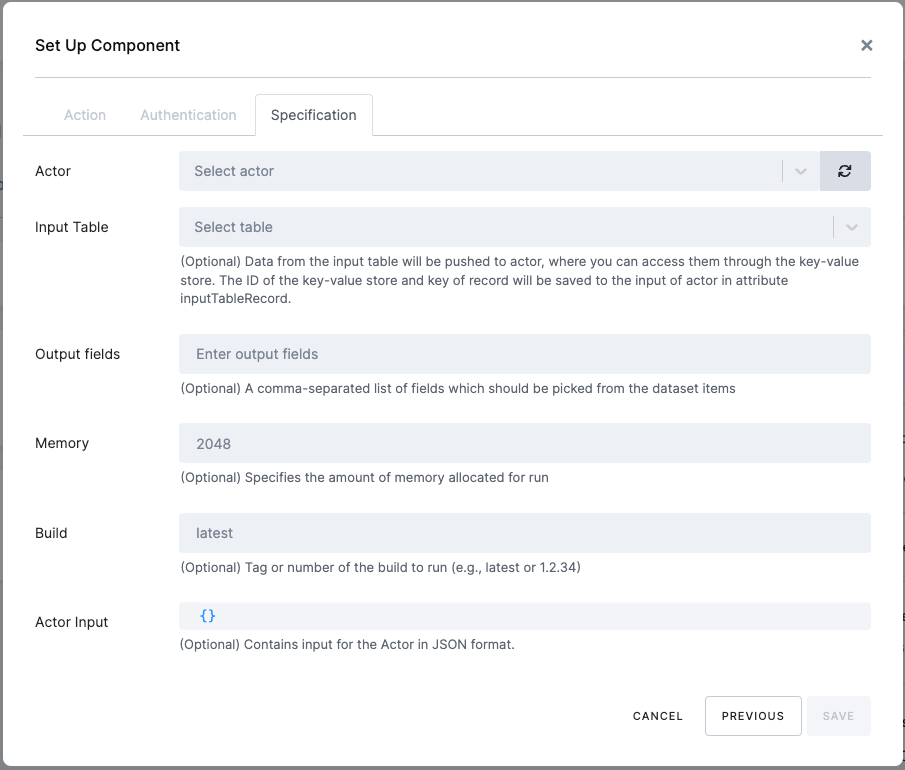 Keboola component specification setup
